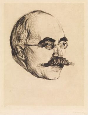  A black and white drypoint print titled "Gustav Schiefler" by Edvard Munch, depicting the side profile of a middle-aged intellectual man with a mustache and round glasses, executed with intricate line work on thick wove paper.