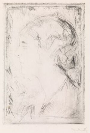  "Hjørdis Gierløff" by Edvard Munch is a drypoint portrait on thick wove paper displaying delicate etchings of a figure with light, ghostly facial features outlined in monochrome against an off-white background, capturing a transient and serene essence.