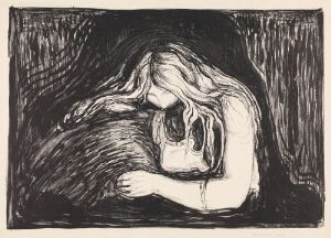  "Vampire II" by Edvard Munch, a monochromatic lithograph depicting two figures in a close embrace with a woman's long, pale hair draped over a darker figure, against a rough, textured dark background suggesting shadowy turmoil.