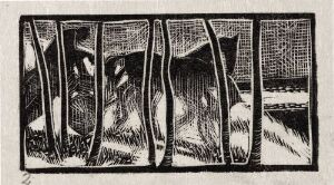  Black and white woodcut print by Håkon Stenstadvold, titled "Mølleren kjører løytnantens lik ned til dampskipet," split into several panels depicting a procession and possibly a steamship, created using intricate lines and hatching to provide texture and depth.