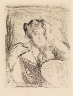  A drypoint print on paper titled "Portrait of a Young Woman" by Edvard Munch, depicting a lightly sketched, introspective young woman with her hair styled up, wearing a high-collared blouse, set against a textured background created with hatched lines.