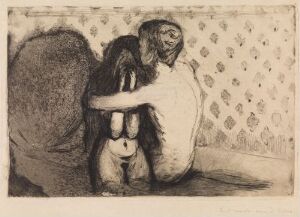  "Consolation" by Edvard Munch, a sepia-toned etching of two figures embracing, one standing and the other seated. The background features a pattern of diamonds with dots, while the figures convey a sense of intimate comfort in their gentle embrace.
