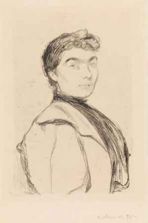  "Portrait of a Woman" by Edvard Munch, a drypoint on paper showing a woman facing slightly left with an ambiguous expression, featuring delicate linework and a muted palette of dark on lighter paper.