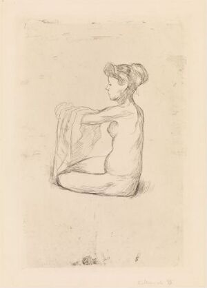  Monochromatic etching on paper by Edvard Munch titled "Woman Putting on her Nightgown" depicting a woman in a seated position, draping or lifting her nightgown, with her hair up and face reflecting tranquility. The art is subtle with soft lines and is rendered in shades of beige and soft black, employing varied line thickness for texture and depth.