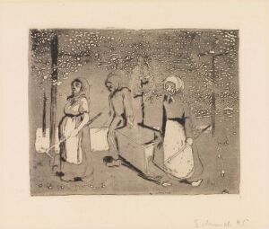  "Tiergarten, Berlin" by Edvard Munch, an etching depicting four ethereal figures in sepia tones strolling through a park, with a textured background suggesting foliage and dappled sunlight.