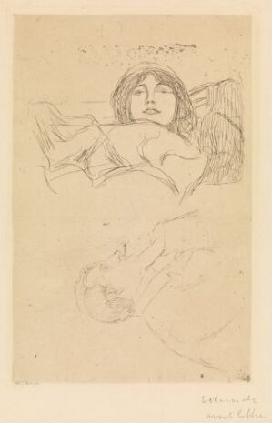  Etching titled "Young Woman and Portrait of the Artist" by Edvard Munch, featuring a sketched upper torso and face of a young woman with wavy hair in the upper half, and a faint self-portrait of the artist with a sketching hand in the lower portion on thick, cream-beige wove paper.