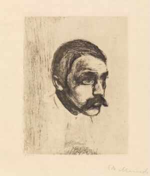  Etching by Edvard Munch titled "Sigbjørn Obsfelder," displaying a profile portrait in black ink on light-colored paper, with detailed line work capturing the man's refined features, neat mustache, and contemplative expression, signed by the artist on the bottom right.