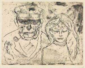  "The Fisherman and His Daughter" by Edvard Munch, a stark monochromatic etching on paper depicting a rugged fisherman with a cap and pipe, and his young daughter with long hair, drawn with expressive, sketch-like lines suggesting a strong, protective bond.