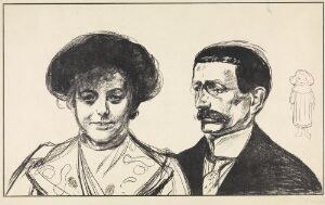  "Anna and Walter Leistikow" by Edvard Munch, a black and white lithograph on paper featuring the portraits of a woman with voluminous hair and a man with a mustache, both dressed in early 20th-century attire, depicted with stark contrast and expressive lines.