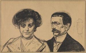  "Anna and Walter Leistikow" by Edvard Munch, a lithograph depicting a portrait of a man in a suit with a mustache next to a woman wearing an oriental-style dress, in monochromatic brown tones.