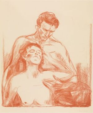  Lithographic print on paper titled "Two People" by Edvard Munch, rendered in a red-brown hue, showing a serene woman with closed eyes, seated and looking upwards while a contemplative man stands closely behind her, his gaze cast down towards her.