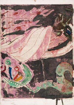  "God the Father II" by Rolf Nesch, an abstract color metal print on wove paper featuring a prominent pink form resembling a wing or fabric at the top, with a complex, colorful figure beneath it against a dark maroon background, infused with strokes of black, creating an intricate expressionist artwork.