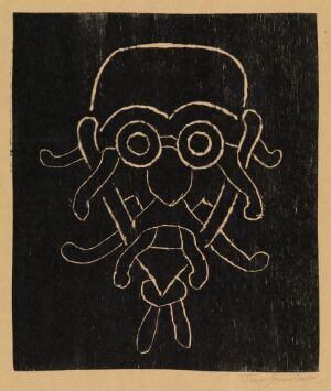  "Freudiana I" by Tom Gundersen; a fine art woodcut print on paper displaying a dark brown-black background with a cream line drawing of a stylized face with large circular glasses, exaggerated ear-like shapes, and a simplified body. The whimsical design contrasts with the dark backdrop, inviting interpretation related to psychology and perception.