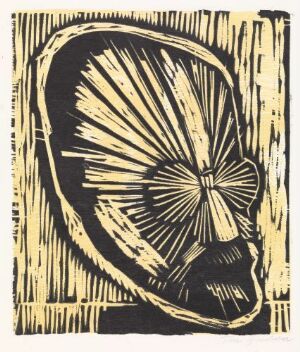  "Freudiana XII" by Tom Gundersen is a woodcut print showing an abstract, stylized profile of a human head facing left with radiating lines from where the eye would be on a background of vertical hatching lines in dark brown on a creamy off-white paper.