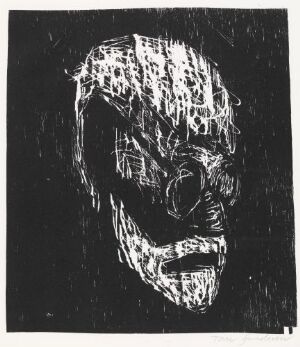  "Freudiana XXI" by Tom Gundersen, an abstract black and white woodcut portrait on paper featuring rough, textured white lines forming a fragmented, almost skeletal human face against a stark black background.
