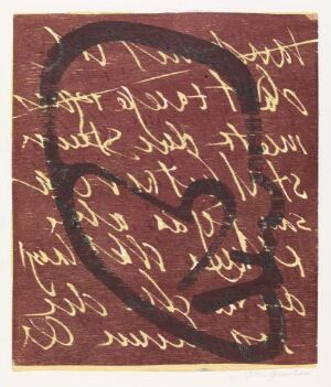  "Freudiana XXIV" by Tom Gundersen, a fine art print featuring a terracotta or reddish-brown background covered with light-toned cursive script, overlaid with a large, dark, abstract calligraphic form resembling an inkblot or profile silhouette.