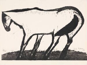  "Hest i vind" — a woodcut by artist Ludvig Eikaas depicting a stylized horse in black ink on cream paper, with the mane and tail appearing to be blowing in the wind, standing on a simple textured ground line.