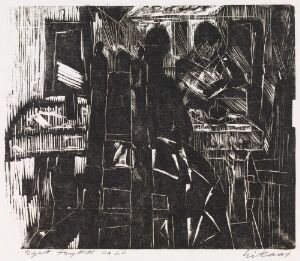 "Skumringstimen" by Ludvig Eikaas, a black and white woodcut print on paper depicting an abstract scene with two figures in an interior space, characterized by contrasting lights and darks, creating a thoughtful and introspective atmosphere.