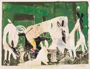  "Ingebjørg Milking Goats" by Rolf Nesch - An expressive, color metal print on paper depicting a stylized scene of a person milking goats among splashes of vibrant and contrasting colors, set against a striking emerald green background.