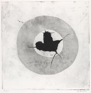  Monochromatic etching by Ludvig Eikaas titled "Symbolet," featuring a dark, stylized silhouette of a bird in mid-flight, centered within a large, soft gray circle on a textured white paper background.