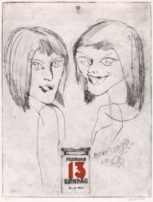  "Teen-Age II" by Ludvig Eikaas, a monochromatic etching depicting two stylized adolescent faces side-by-side, with exaggerated, comical features. Below the faces is a part of a printed calendar showing days "FREDDAN" and “SØNDAG” with a prominent date "13", all on a stark white paper background.