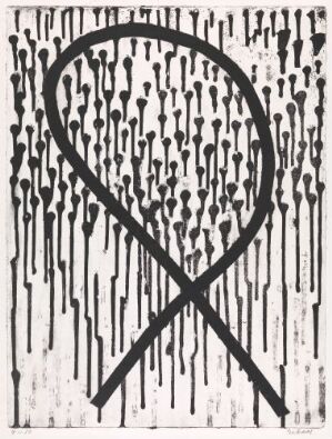  "Regn" by Ludvig Eikaas is an abstract black and white etching on paper that features a large, loop-like figure in the center surrounded by vertical, rain-like droplet marks, conveying a sense of falling rain and abstract fluidity.