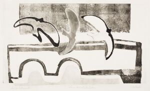  "Lombardsbrücke" by Rolf Nesch, a monochromatic metal print on paper featuring abstract, dynamic forms that resemble birds in flight over a textured background of various grayscale shades.