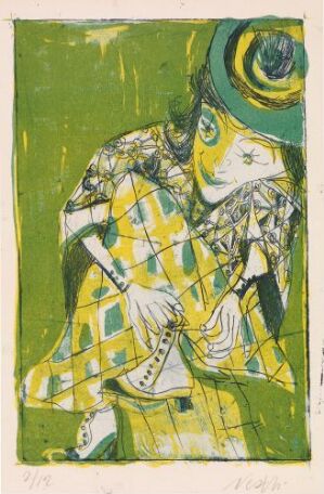  A color etching and lithography artwork by Rolf Nesch titled "Actress Tying her Booth," showcasing an abstract, stylized female figure in a yellow and green checkered costume, with a heavy emphasis on greens and yellows, tying her light-colored boot against an olive green background.