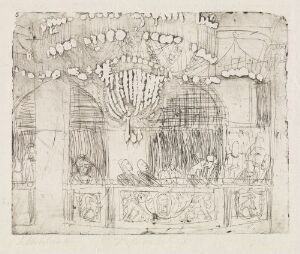  "Café Vaterland" by Rolf Nesch, an etching on paper displaying an abstract, monochromatic interior scene of a café with figures seated at tables under a string of lights, executed with expressive lines and blind embossing to create texture.