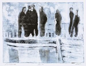  "People on the Bridge" by Rolf Nesch, an etching and color aquatint on paper depicting abstracted figures in shades of blue, white, and black on and around a bridge, conveying a wintery and transient atmosphere.