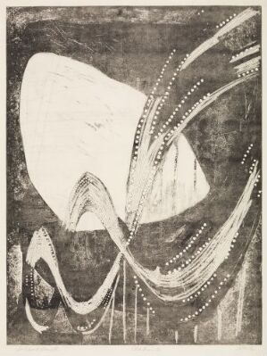  "Elbbrücke III" by Rolf Nesch, an abstract print on paper featuring a bold white irregular form in the center with curving dotted lines against a textured dark background with shades of black, white, and gray.