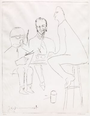  A drypoint work on paper by artist Ludvig Eikaas titled "Dagblad-intervju - Hammarlund, Rostad og jeg," featuring minimalistic, abstract line drawings of three figures engaged in what appears to be an interview, with one figure holding a notepad, another sitting by a tape recorder, and the third perched casually on a stool.