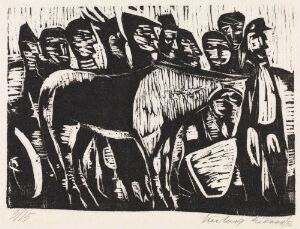  "Hesten hviler" by Ludvig Eikaas, a woodcut print featuring a resting horse in the center surrounded by stylized abstract figures in black against a white background, conveying a sense of rest amid community.