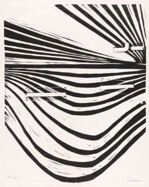  "Motorway" by Ludvig Eikaas, a black and white abstract woodcut print on paper depicting the dynamic, curving lines of a motorway that create the illusion of speed and depth.