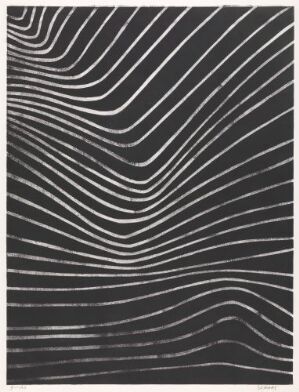  "Landskap" - an abstract monochromatic etching and aquatint on paper by Ludvig Eikaas, featuring rhythmic undulating lines in white or light color on a dark gray or black background, creating an abstract landscape.