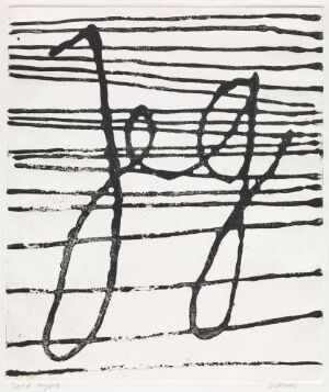  An abstract black and white etching by Ludvig Eikaas titled "I", featuring uniform horizontal lines across the image and contrasting abstract curvilinear shapes overlaying these lines, all on a white paper background.