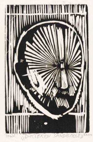  Black and white woodcut print titled "Sandemose the Poet" by Ludvig Eikaas, featuring a central oval with radiating lines and dynamic figures surrounded by a structured web of horizontal and vertical lines.