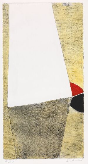  "Abstraksjon" by Ludvig Eikaas, a vertical fine art piece on paper with color etching and aquatint, featuring a textured pale yellow background and a tall white geometric shape on the left side. Near the bottom right, there is a small crescent shape with red and black colors against the yellow.