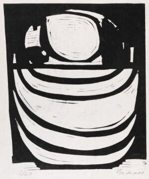  "Månenatt" by Ludvig Eikaas, a linocut print featuring a stylized luminous moon central in the image with broad, alternating black and white horizontal bands around it, giving an impression of celestial movement on paper.