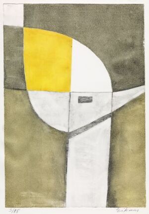  "Komposisjon" by Ludvig Eikaas, an abstract fine art print featuring geometric shapes with shades of olive green and grey in the background, a quarter circle divided into a bright yellow top and white bottom, and a thin vertical line crossed by a small, smudged black and grey rectangle.