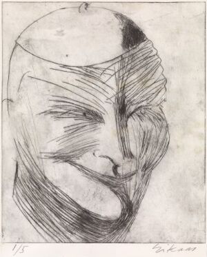  Monochromatic etching titled "Gunnar S. Gundersen" by artist Ludvig Eikaas, depicting a stylized and abstract human head with pronounced etched lines and hatching on paper, displaying a contrast between light and shadow.