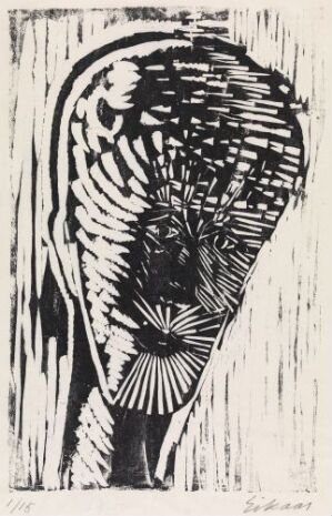 "Portrait of Dr. Henning Gran" by Ludvig Eikaas, a high-contrast woodcut on paper showing an abstract, stylized representation of a face in black ink with radiating lines and minimalist features on a white background.