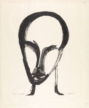 An abstract black and white woodcut print titled "Selvportrett" by Ludvig Eikaas, depicting a minimalist interpretation of a face with bold, expressive lines against a textured paper background.