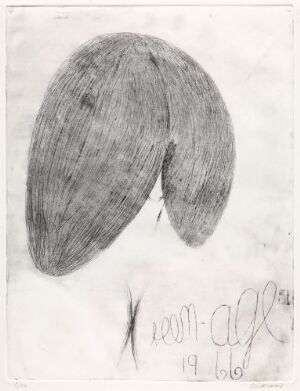  "Teen-Age I" by Ludvig Eikaas, a monochrome etching featuring a central textured shape resembling a bisected seed pod, with fine parallel lines creating a tactile surface, set against a light background marked by horizontal traces. There is handwritten text at the bottom right corner identifying the artist, title, and date (1969).