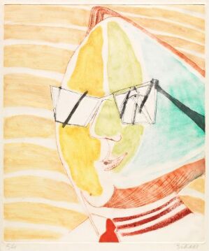  "Pianisten Kjell Bækkelund II" by Ludvig Eikaas portrays an abstract, colorful figure with a fragmented face in pastel yellow, green, and orange, overlaid with black geometric shapes for glasses, a red tie, and a wavy patterned background in shades of orange and yellow.