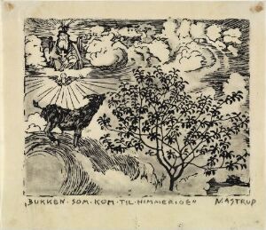  A black and white print by Nikolai Astrup titled "The Goat that went to Heaven" featuring a goat on a rocky outcrop looking upwards toward a radiant light breaking through cloud-filled skies, with a leafy tree to its side, and the artist's signature and title inscribed at the bottom.