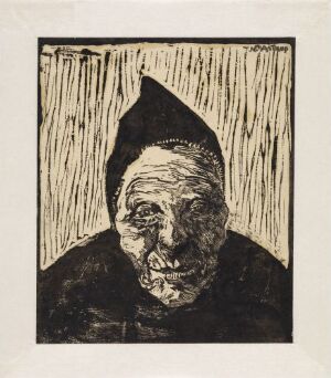  "Lice-Kathrine" by Nikolai Astrup, a woodcut print showing a close-up portrait of an elderly woman with detailed facial lines wearing a traditional conical cap, depicted in black hand-coloring against a background with vertical lines, conveying a sense of depth and contemplation.