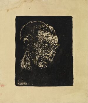  "The Pious Cobbler" by Nikolai Astrup, a woodcut portrait of an elderly man with a reflective expression, beard, and receding hairline, hand-colored in black on an off-white paper, suggesting depth, wisdom, and introspection.