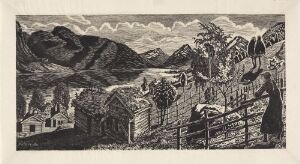  "Sandalstrand" by Nikolai Astrup, a woodcut print depicting a serene rural village scene, with a wooden fence in the foreground, small houses nestled among trees, a grassy hill leading to a hidden pathway, rugged mountains in the background, and a dynamic sky, all in varying shades of black and white.