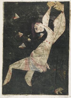  A color metal print on paper titled "Saint Sebastian" by Rolf Nesch, depicting the figure of Saint Sebastian in motion, recoiling against a dark background, with his body portrayed in pale colors with red marks, surrounded by small orange and brown shapes suggestive of broken arrows.